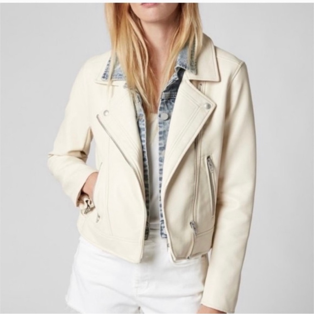 Blanknyc ivory faux leather jacket with removable denim collar
